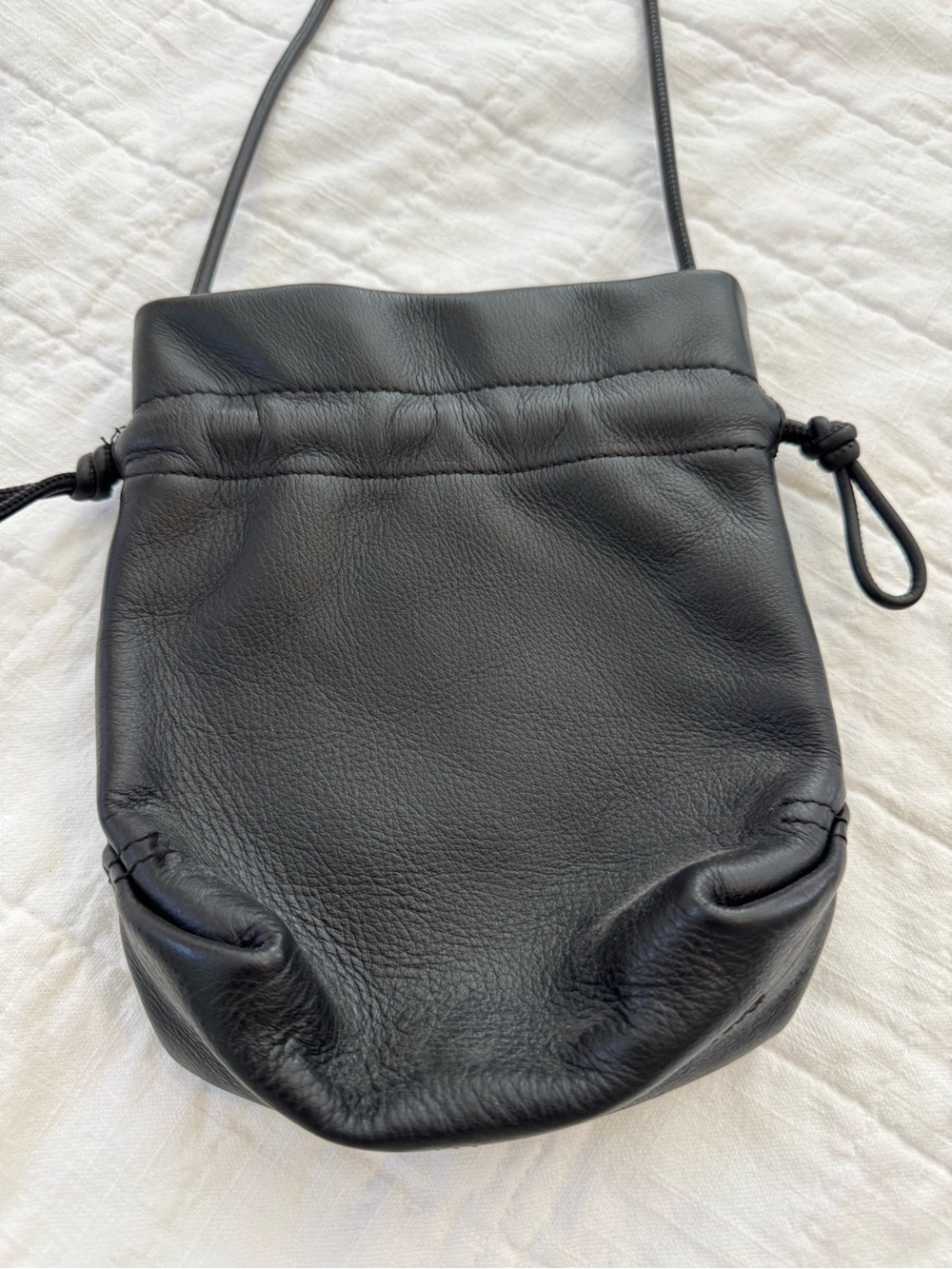 Black Soft Leather Drawstring Crossbody Bag